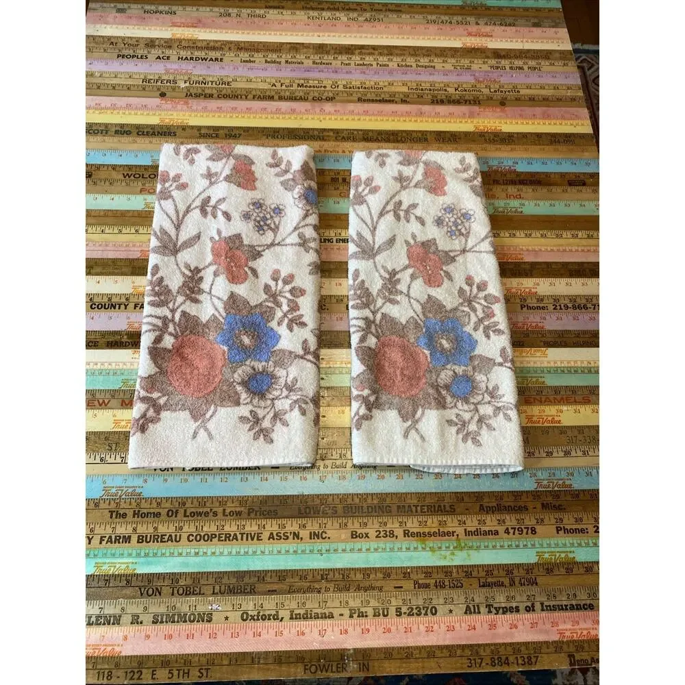 Vintage Retro 70s Mod Floral Flowers Dundee Fringe Bath Towels MCM Set Of 2